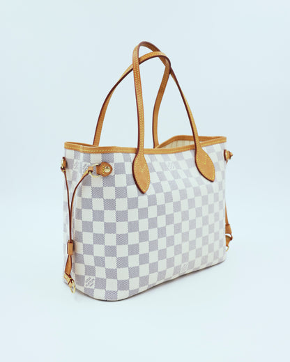 LOUIS VUITTON Neverfull PM Damier Azur gebrauchte Designerhandtasche mit Damier Karomuster und Lederhenkeln