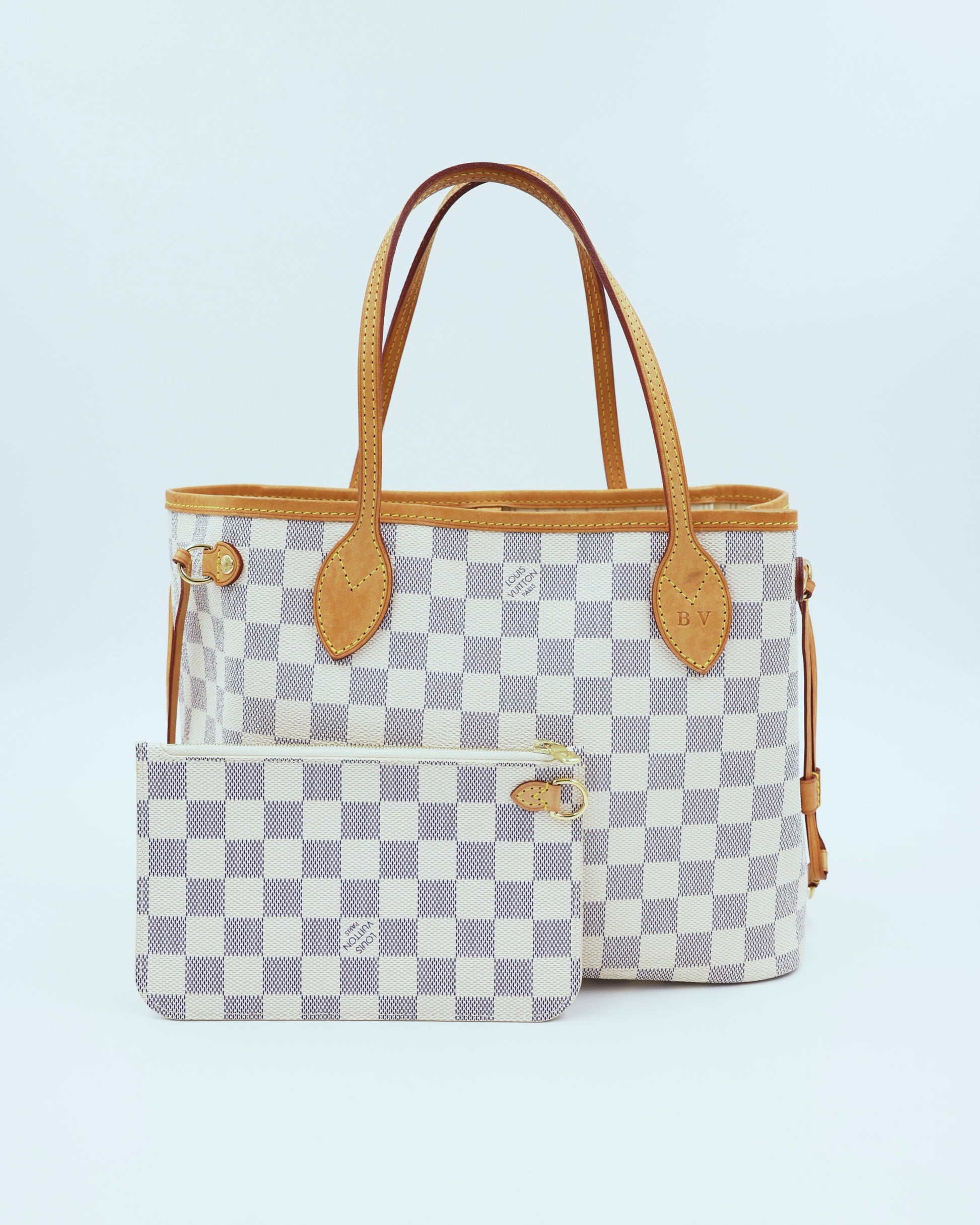 LOUIS VUITTON Neverfull PM Damier Azur karierte Designerhandtasche second hand mit Pochette