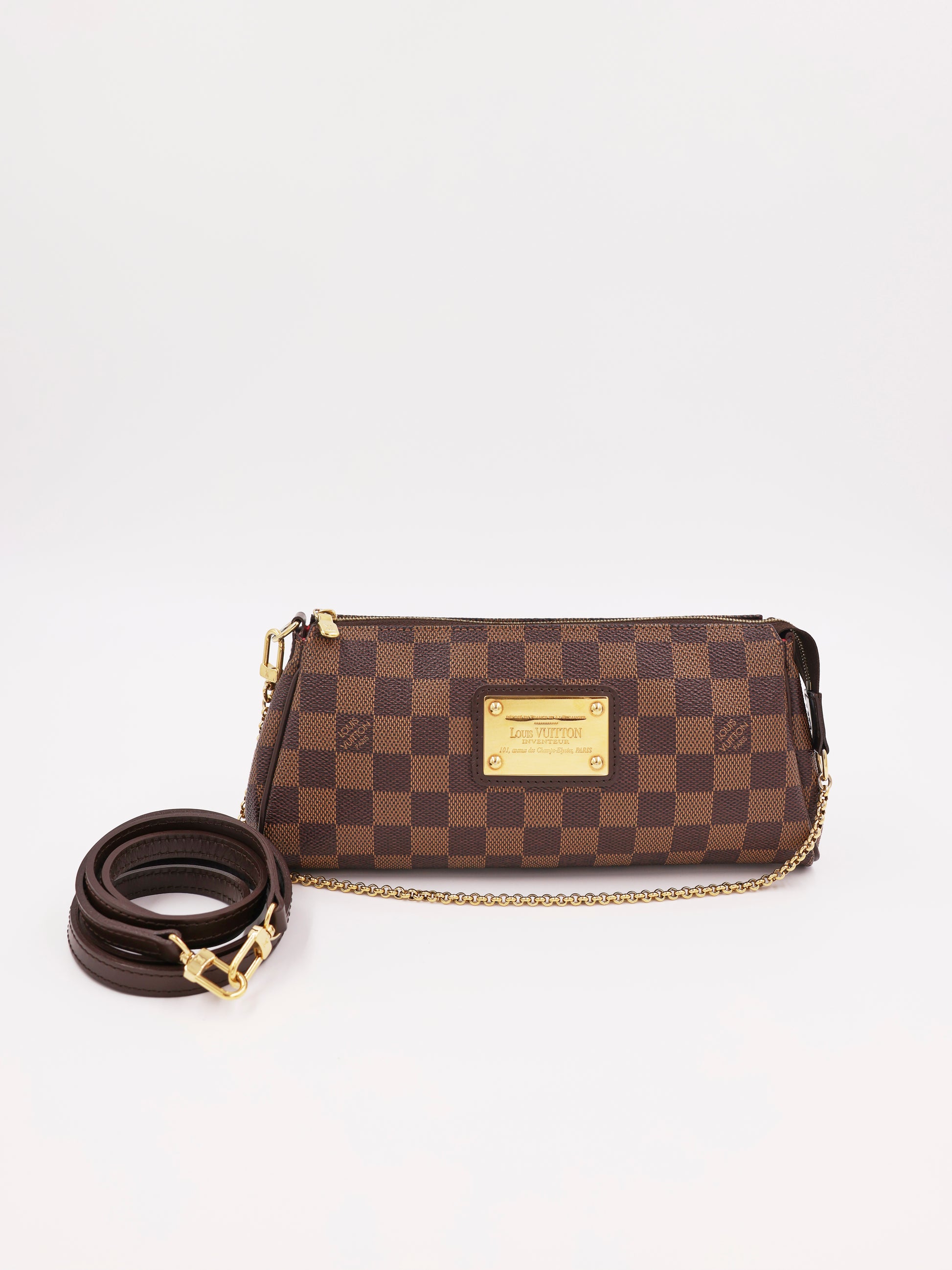 LOUIS VUITTON Pochette Eva Damier Ebene braune Clutch mit goldfarbener Kette und Lederriemen