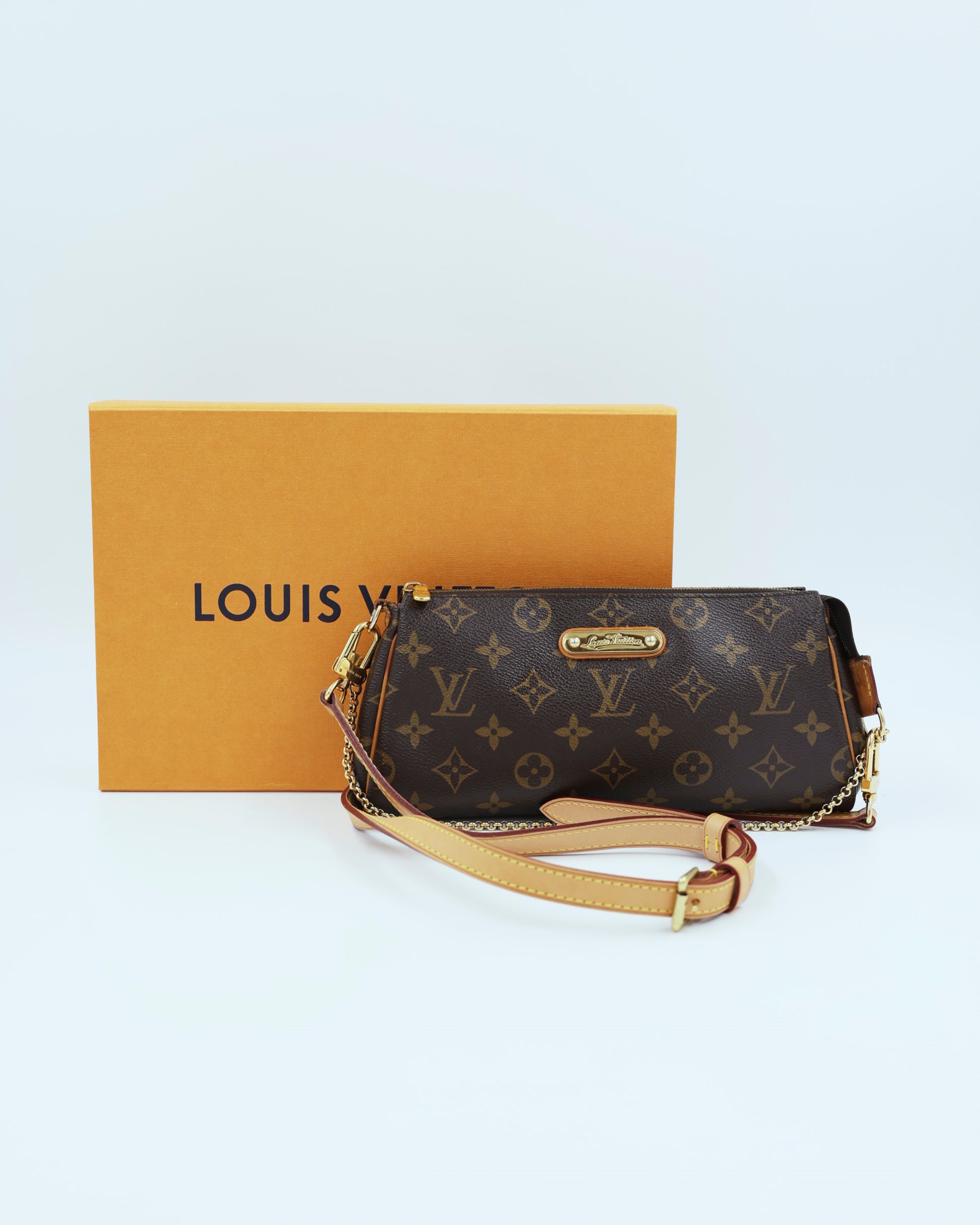 LOUIS VUITTON Pochette Eva Monogram Canvas, Designer-Clutch mit Monogramm und Schulterriemen