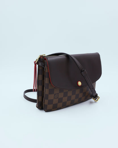 LOUIS VUITTON Twice Damier Ebene, braune Designerhandtasche mit Schulterriemen