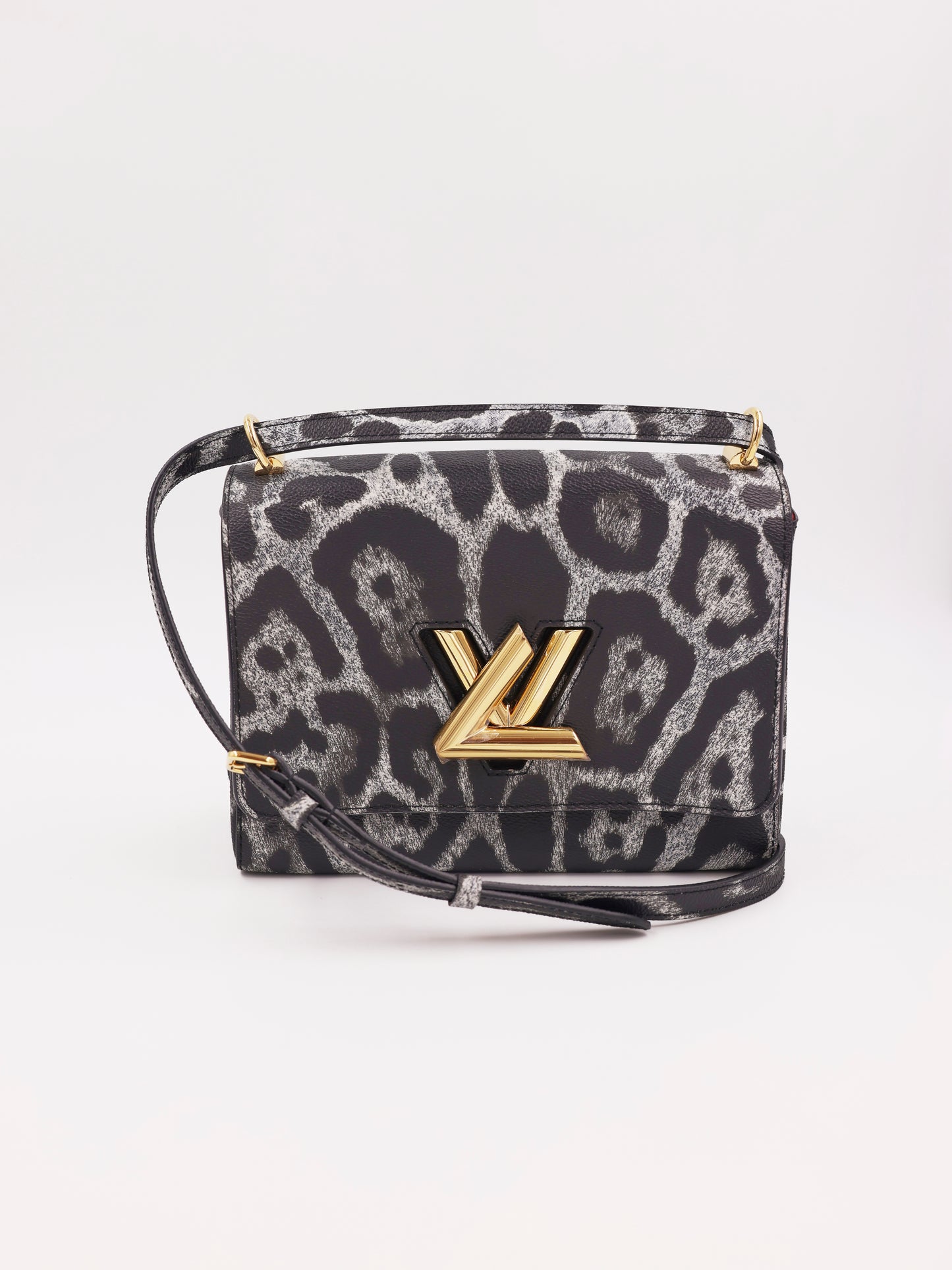 LOUIS VUITTON Twist MM Cat Print Gris, graue Designerhandtasche mit Leopardenmuster und Schulterriemen