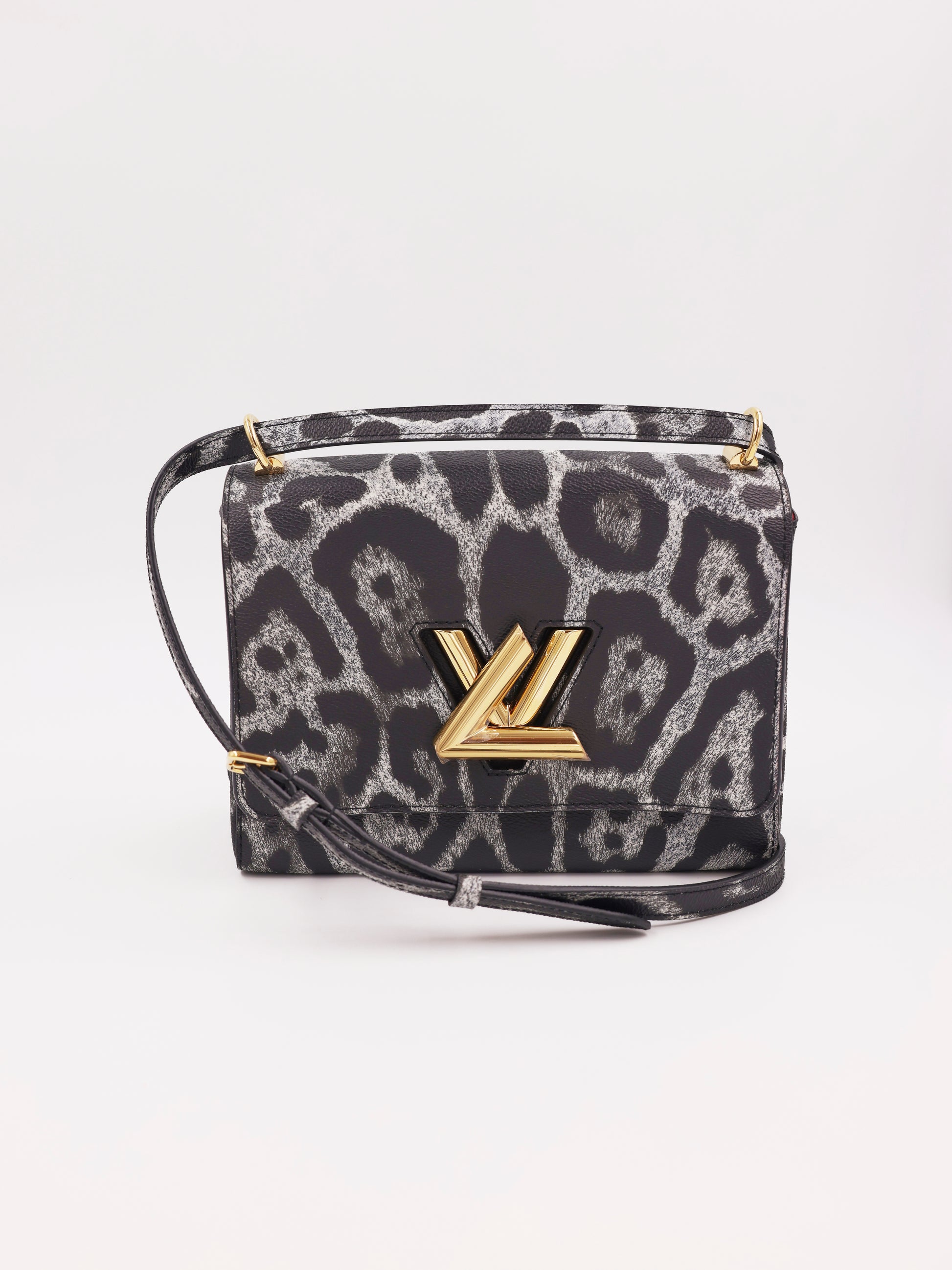 LOUIS VUITTON Twist MM Cat Print Gris, graue Designerhandtasche mit Leopardenmuster und Schulterriemen