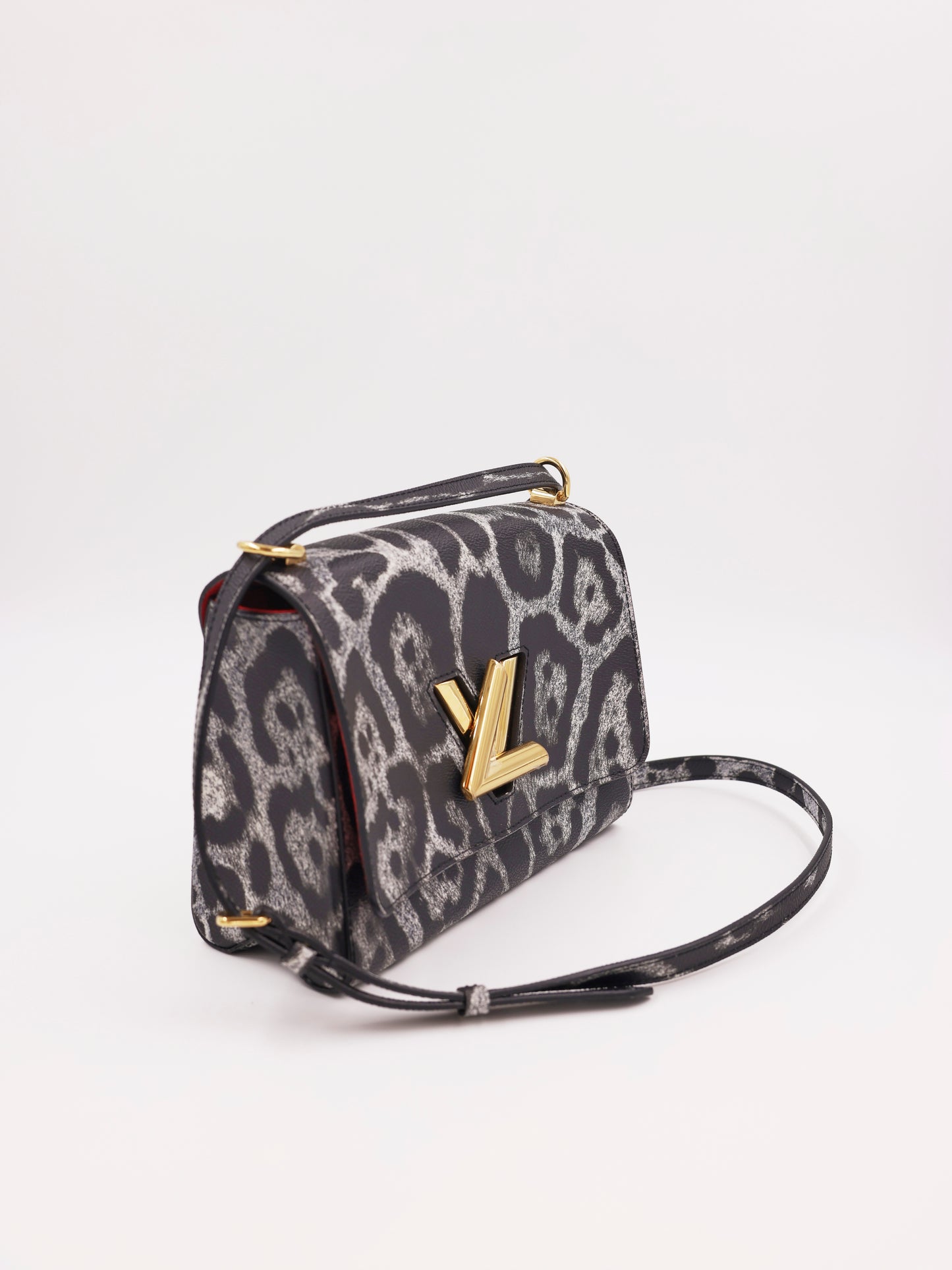 LOUIS VUITTON Twist MM Cat Print Gris, graue Designerhandtasche mit Leopardenmuster und Schulterriemen