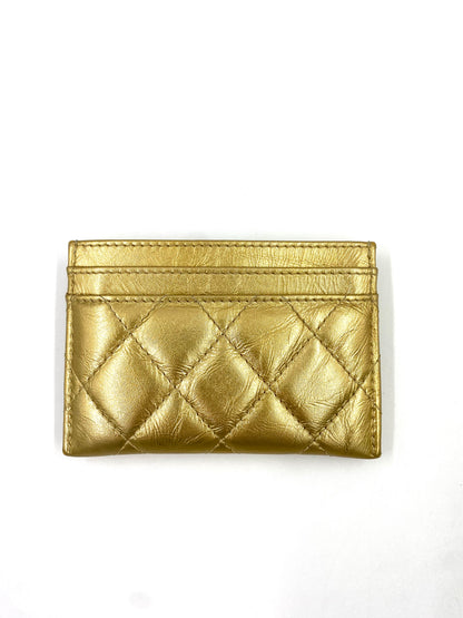 CHANEL Aged Metallic Calf Skin Pearl CC quilted Cardholder Gold